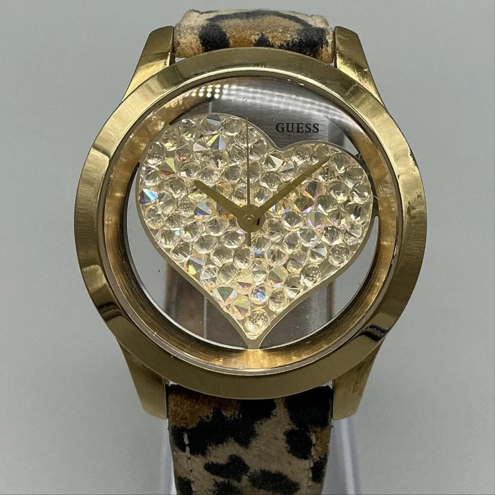 Guess Womens Watch 42mm Gold Heart Crystal Dial Leopard Leather New Battery
